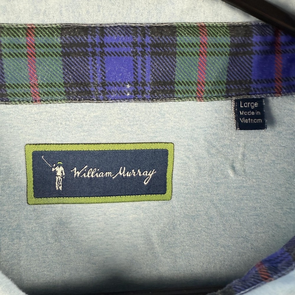 William Murray Polo Shirt Mens Large Blue Plaid Collar Golf Performance Stretch - Picture 4 of 9